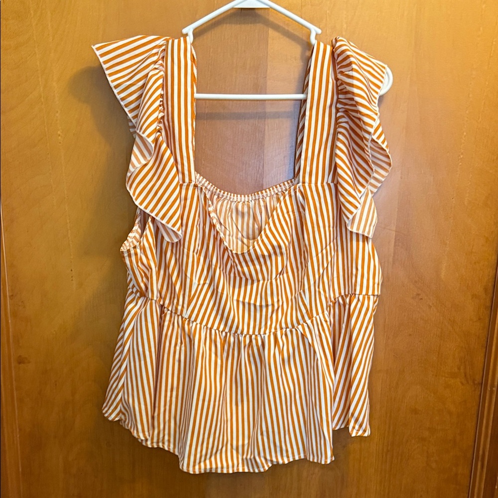 SHEIN Orange and White Striped Ruffle Blouse